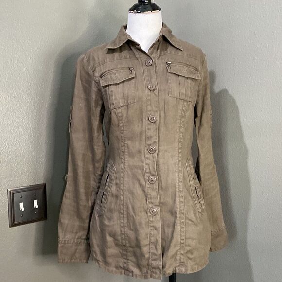 Vintage cAbi 856 Utility Button Up Shirt Jacket Sz XS 100% Linen Brown Roll Tab - Picture 13 of 14